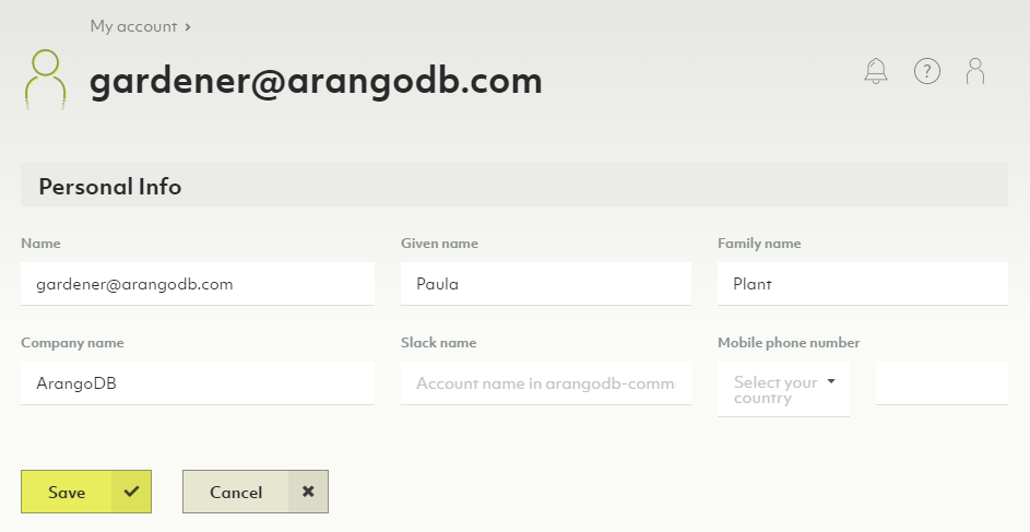 ArangoGraph My Account Info