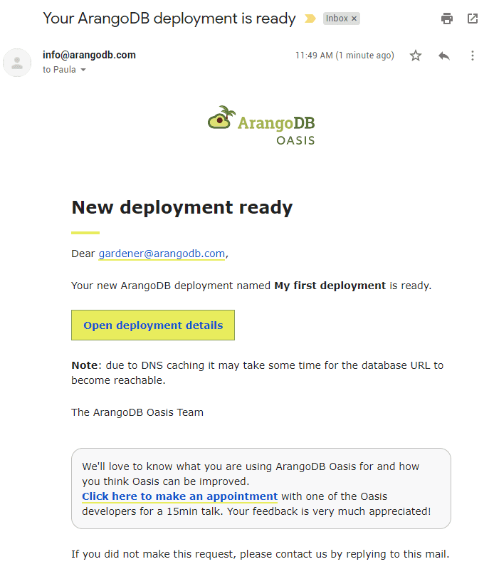 ArangoGraph Deployment Ready Email