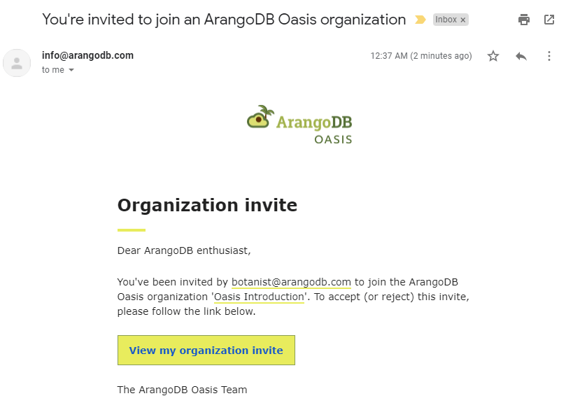 ArangoGraph Organization Invite Email